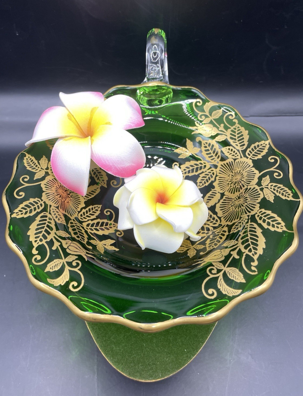 Vintage Green and Gold Gilded With Flower Pattern &.Scalloped Edges Trinket Dish